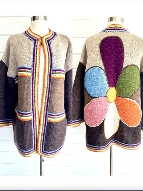 AMAZING!! Hand Knit Cardigan with Giant Flower Design - M/L